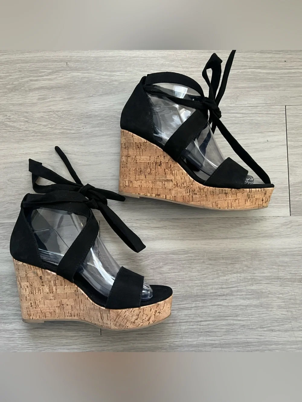 Steve Madden Nadim Black Suede Lace Up Cork Platform Wedge Sandals Women’s 8.5M